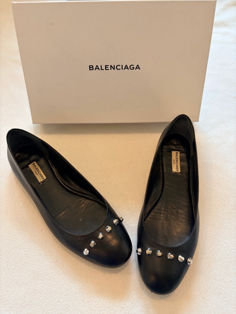 Anastasia Black Leather Ballet Flats with Silver Studs